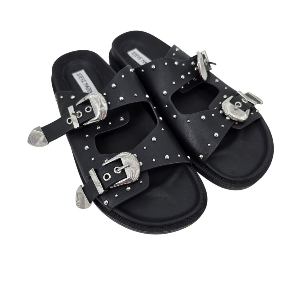 NWOT Steve Madden Black Connely Studded Double Strap Buckle Slide Sandals Sz 7.5